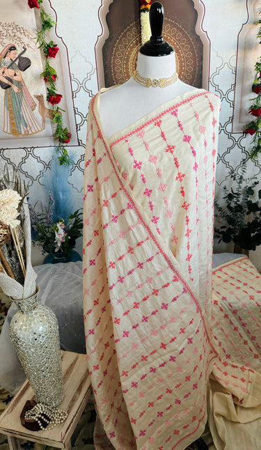 Lightweight Kutch Embroidery Pure Tussar Silk Saree | Off White | Gujarati Hand Embroidery | Ships from California